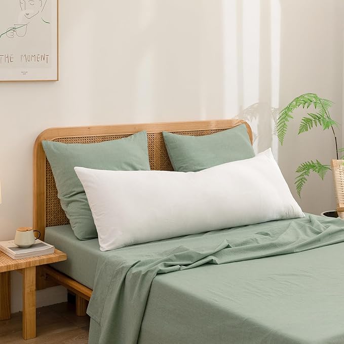 BESTOUCH 100% Washed Cotton Pillowcase for Hair and Skin Linen Feel Soft Comfortable Breathable 2 Set Pillow Case with Envelope Closure Solid Green Euro 26x26 Inches