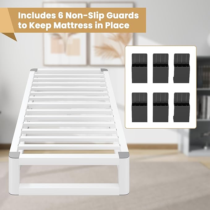 10 Inch Twin Bed Frames with Rounded Corner and Squeak Free U-Slot Design, Metal Platform Bed Frames 6 Non-Slip Guards, 3500lbs Heavy Duty Steel Slat Support, No Box Spring Needed, White