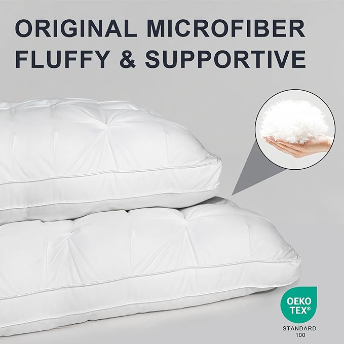 Support Bed Pillow Queen Size Set of 2 – Super Soft Down-Alternative Filling with Cotton Cover, Hotel Quality for Side Sleepers, Breathable & Oeko-TEX Certified