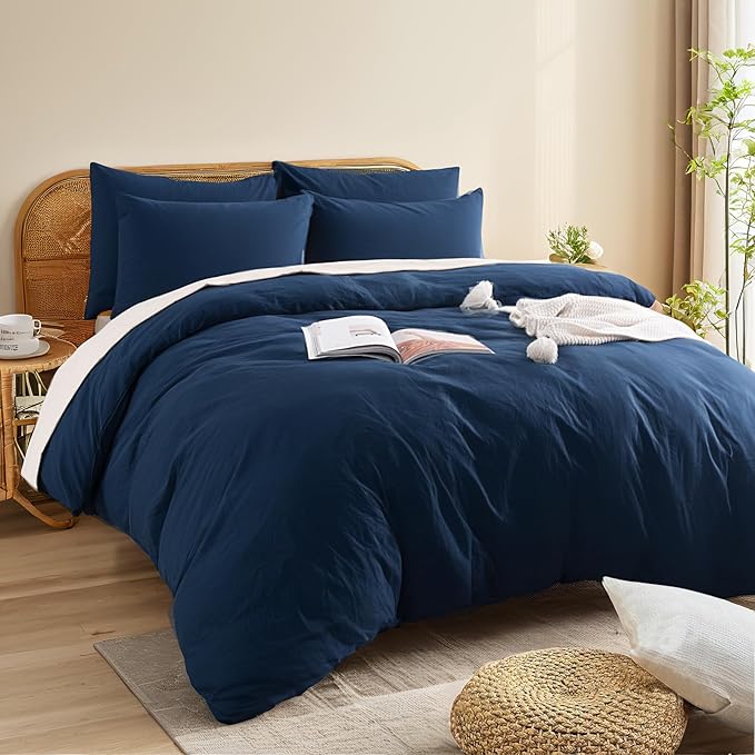 NEXHOME PRO Queen Duvet Cover Set, 100% Certified Organic Cotton with Washed Feel & Linen-Like Texture, Comfortable & Breathable, Home Bedding Set Navy (No Comforter)