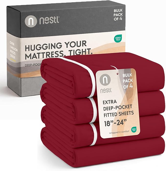 Nestl 4 Pack Burgundy Red Fitted Sheet Extra Deep Pocket, Hotel Luxury FullFitted Sheet Only Easily Fits 18 to 24 Inch Mattress, Super Soft, Wrinkle-Free and Breathable with Corner Straps