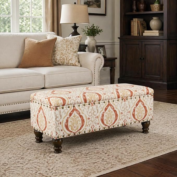 HomePop Large Storage Bench with Nailhead Trim -Orange and Cream Medallion