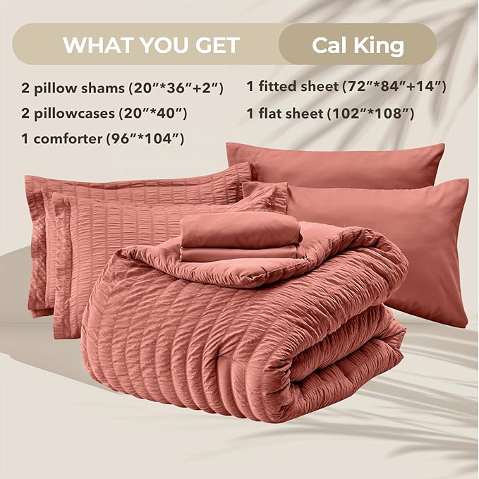 HYMOKEGE Coral California King Comforter Set Seersucker 7 Pieces, All Season Luxury Bed in a Bag for Bedroom, Bedding Set with Comforter, Sheets, Pillowcases & Shams