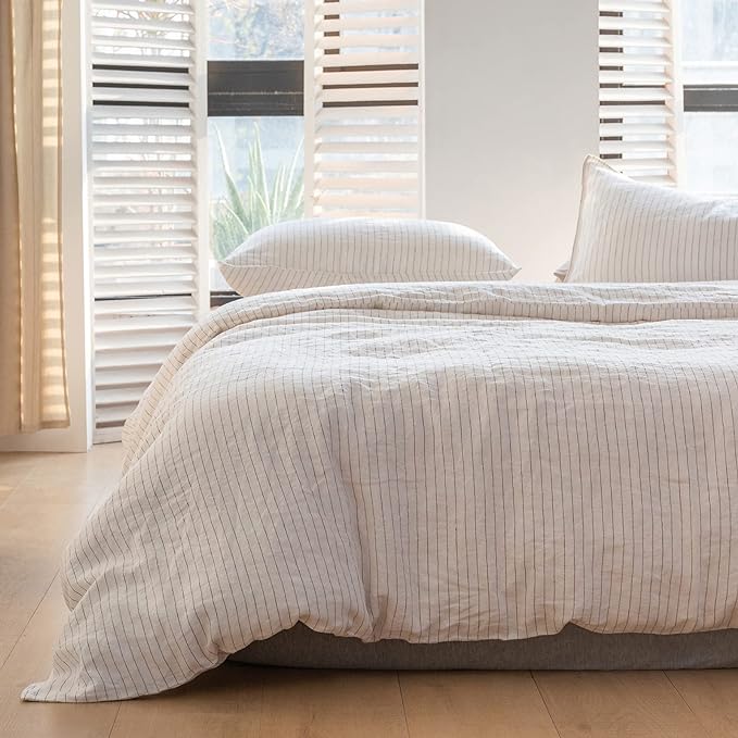 Simple&Opulence 100% Linen Striped Duvet Cover Queen 3pcs, Yarn Dyed Vertical Pinstripe Ticking Pattern Natural French Washed Flax Breathable Farmhouse Bedding - Cinnamon Stripe