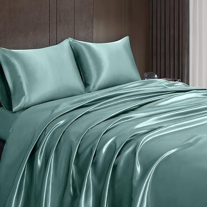 Homiest 4pcs Satin Sheets Set Luxury Silky Satin Bedding Set with Deep Pocket, 1 Fitted Sheet + 1 Flat Sheet + 2 Pillowcases (King Size, Greyish Green)