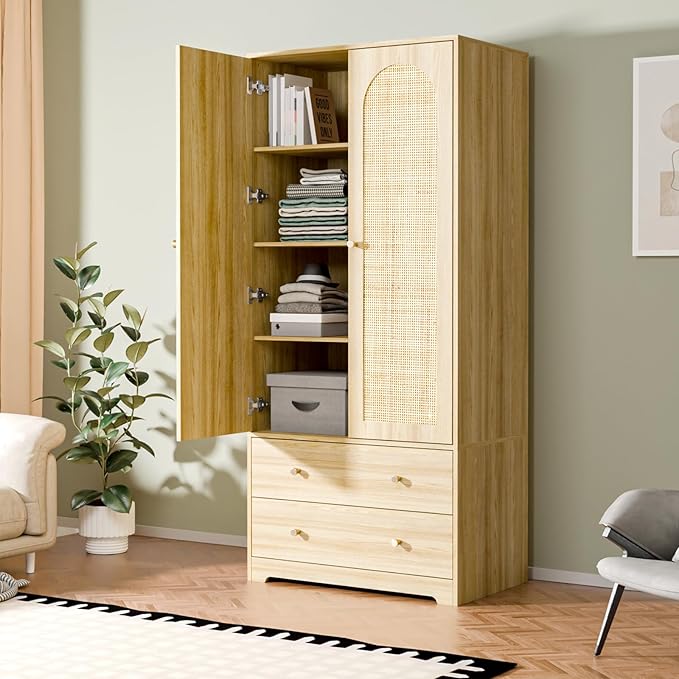 VINGLI Wardrobe Closet with Doors, Rattan Armoire Wardrobe Closet with Drawers & Hanging Rod, Wooden Armoire for Hanging Clothes, Natural Oak, 68.9" H