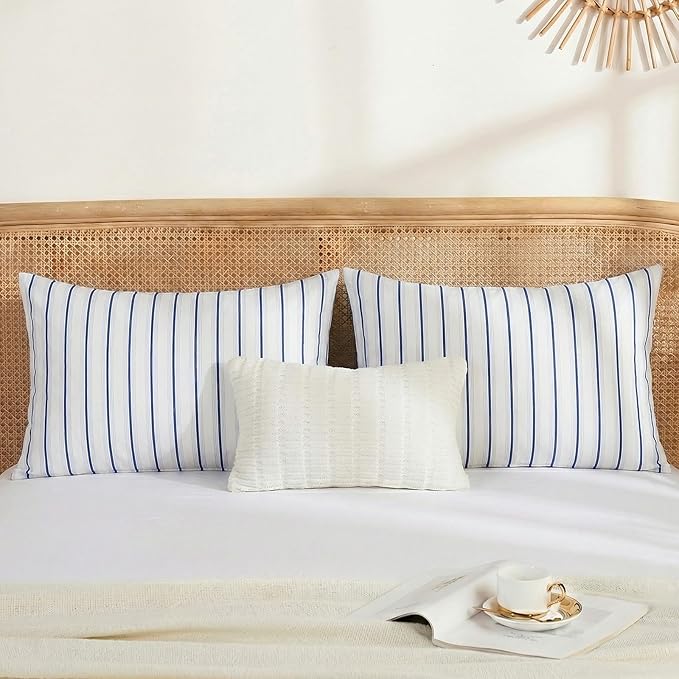 Merryword Queen Size Pillowcases, 100% Cotton Pillow Cases, Blue and White Striped Pillowcases, Luxury Linen Like Pillowcase, Soft Breathable Wide Stripes Pillow Covers, Set of 2