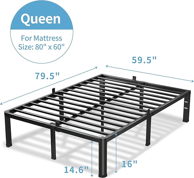 VIPSHOW 16 Inch Queen Bed Frame, 3500Lbs Heavy Duty Metal Platform with Round Corner Legs Mattress Slide Stopper, Steel Slat Support No Box Spring Needed, Noise Free, Non-Slip, Easy Assembly