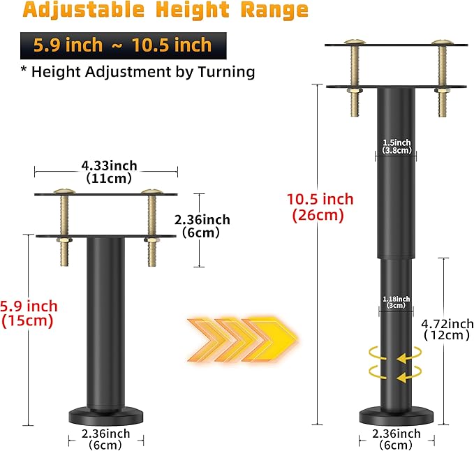 Wlrrcwdttc 4 Pcs Adjustable Height Bed Support Legs 5.9-10.5 inch, Bed Frame Center Support Legs for Bed Frame/Bed Center Slat/Furniture,Heavy Duty Metal Bed Replacement Legs Bed Slats Support Legs