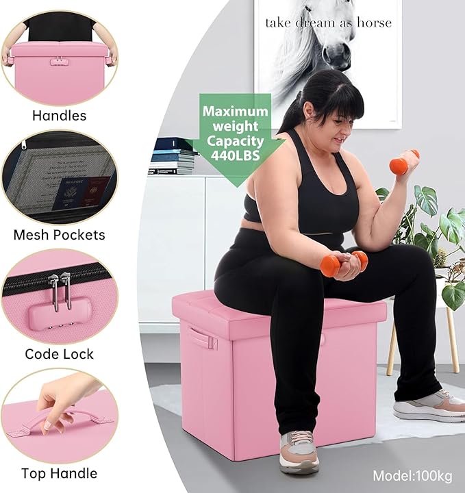 DocSafe Storage Ottoman Foot Rest Stool with Lock ＆ Handles, Fireproof Folding Leather Footstool Bench with Storage Safe for Living Room Bedroom, Home Office, Dorm, 17x13x13in, Pink