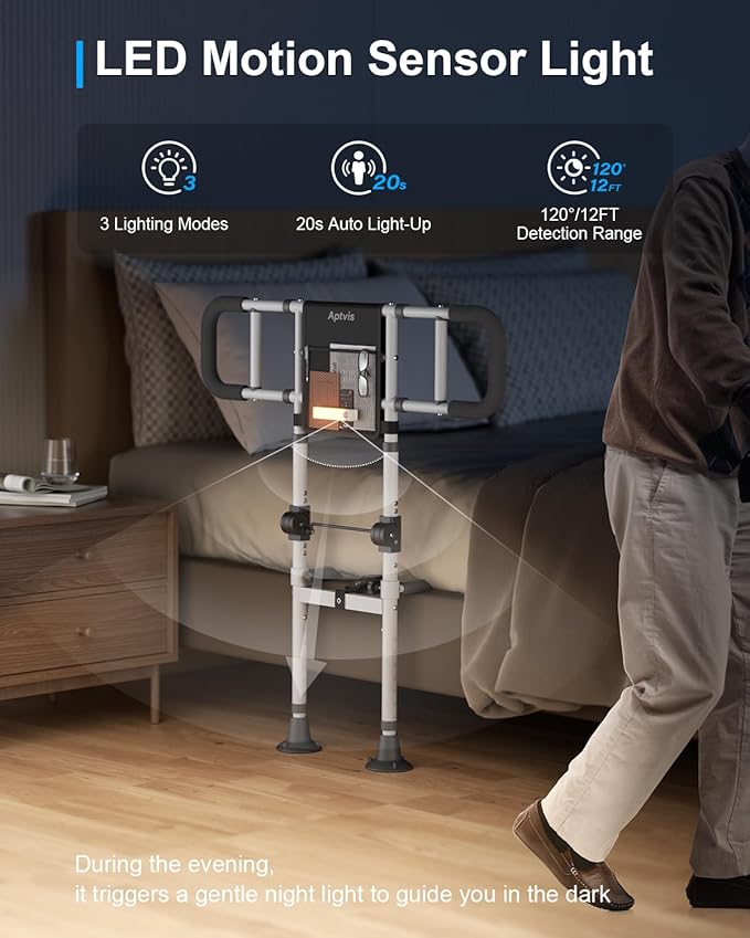 Bed Rails for Elderly Adults Safety - ASTM Compliant, 350 lb Heavy Duty Foldable Bed Assist Rail for Seniors, Adjustable Bed Cane with Non Slip Handle, Light & Pouch, Fits Twin Full Queen King Grey