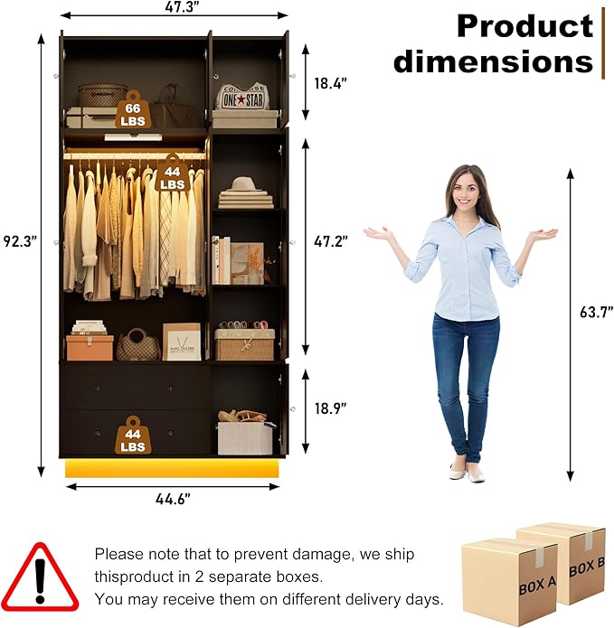 92.2" Tall Armoire Wardrobe Closet with Mirror & Motion Sensor Light, Large Storage Cabinet with 2 Drawers, Hanging Rod & Adjustable LED Strip, Anti-Tipping Wood Bedroom Furniture, 47.4"L, Balck