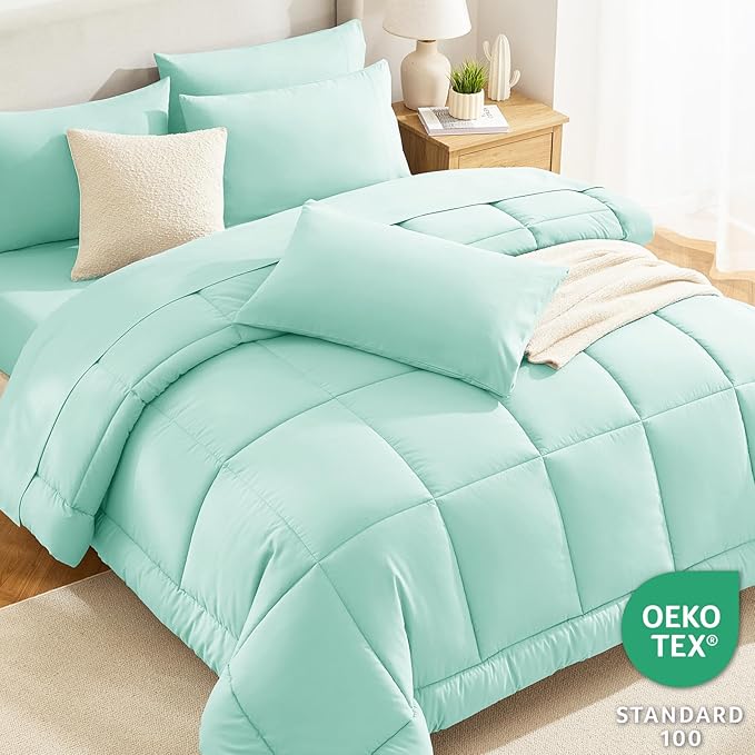 CozyLux Queen Comforter Set Mint Green, 7 Pieces Bed in a Bag, Green Comforters Queen Size, All Season Bedding Sets with Stitch Quilted Comforter, Flat Sheet, Fitted Sheet, Pillowcases