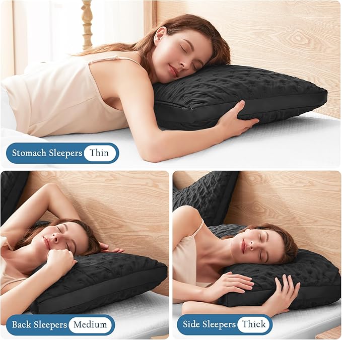 Cooling Sleeper Pillow for Neck and Shoulder Pain, Luxury Adjustable Shredded Memory Foam Curved Gusseted Crescent Pillow for Side and Back Sleepers, Black Cool Washable Cover, Queen Size for Home Bed
