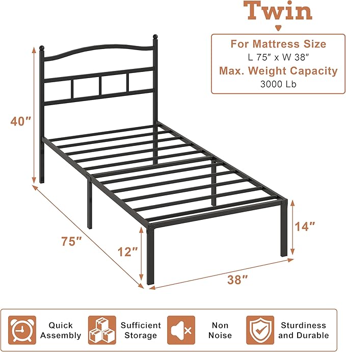 OSASET 14 inch Twin Bed Frame -Platform Bed Frame with Headbroad Metal Bed Frame No Box Spring Noise Free Easy Assembly