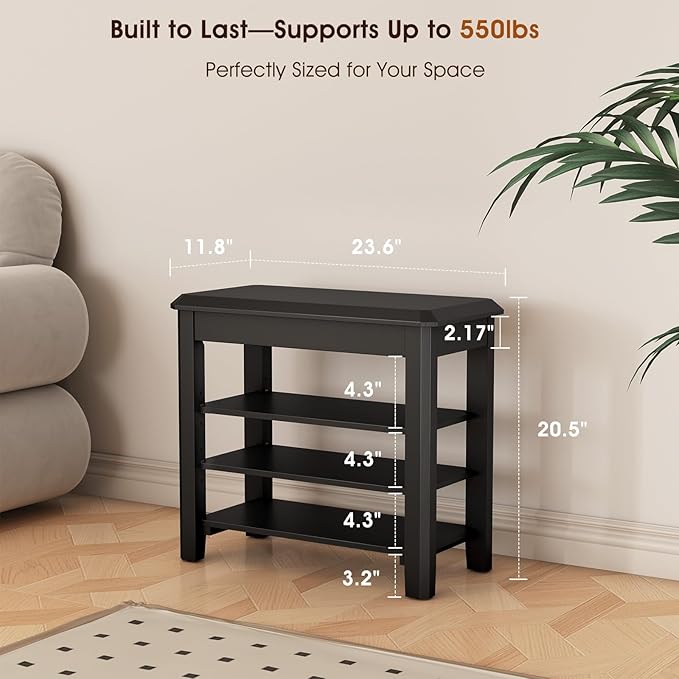 IUNVR Shoe Rack Bench Seat Rubberwood 3-Tier Wooden Storage Bench 550lbs Compact Mid-Century Modern Design for Entryway, Hallway, Closet, Front Door Entrance, Foyer