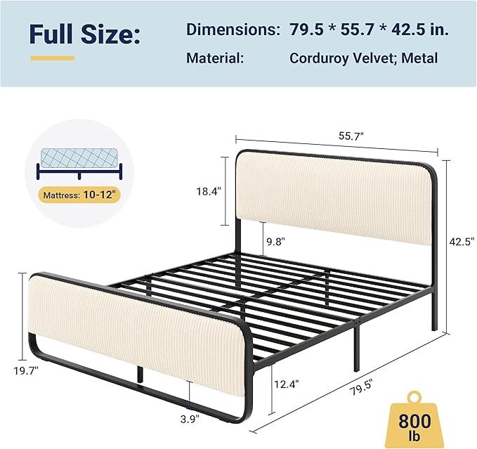 Allewie Full Size Metal Bed Frame with Curved Corduroy Upholstered Headboard and Footboard, Platform Bed Frame with 12.4" Under Bed Storage, No Box Spring Needed, Boho Style, Cream