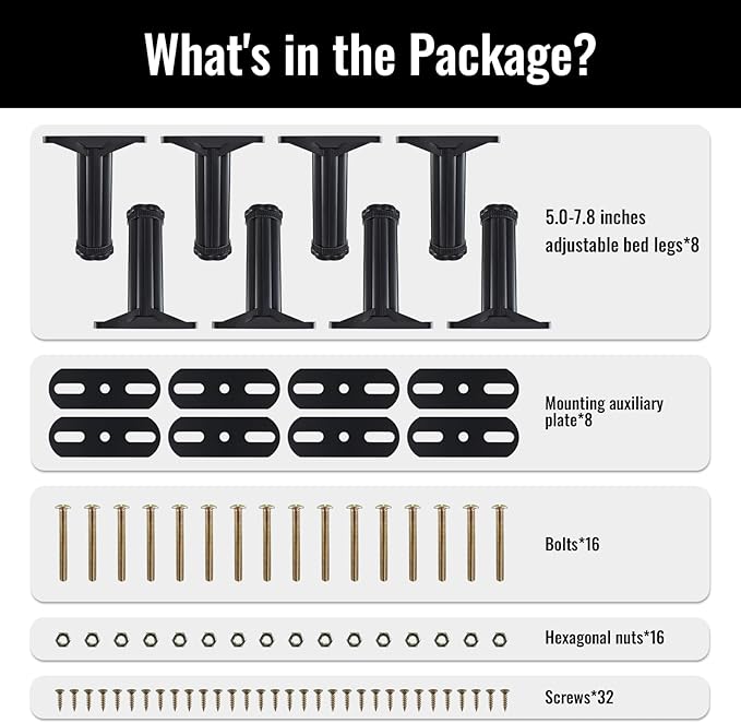 YHK 8PCS Adjustable Height Bed Support Legs 5.0-7.8inch, Heavy Duty Bed Frame Support Legs for Bed Slat and Frame, Plastic Bed Frame Support Replacement Bed Support Reinforcement Parts