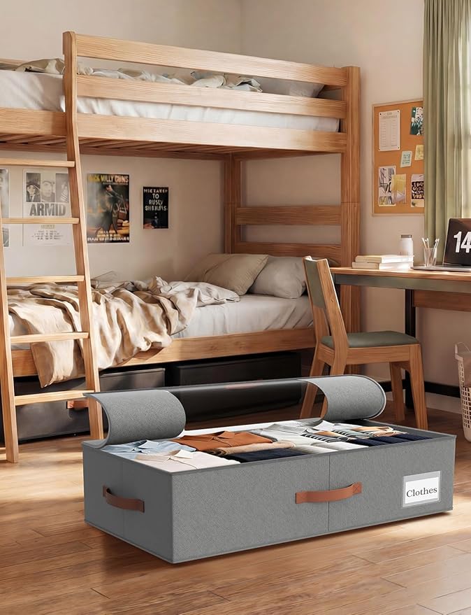 TOSKING 2-Pack Under Bed Storage Drawers with Wheels, 6 Vacuum Bags, 7.9" Height, Large 65L/80 lbs Clear Lid Rolling Bin, 900D Oxford, Space Saver for Dorm Bedroom, Blankets, Clothes, Shoes, Gray