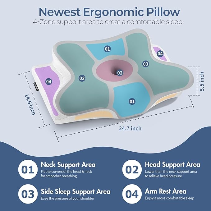 Cervical Neck Pillow for Pain Relief - Ergonomic Side Sleeper Pillow for Neck Support, Cooling Memory Foam Pillows for Sleeping, Contour Pillow Orthopedic Bed Pillow for Back Stomach Sleepers