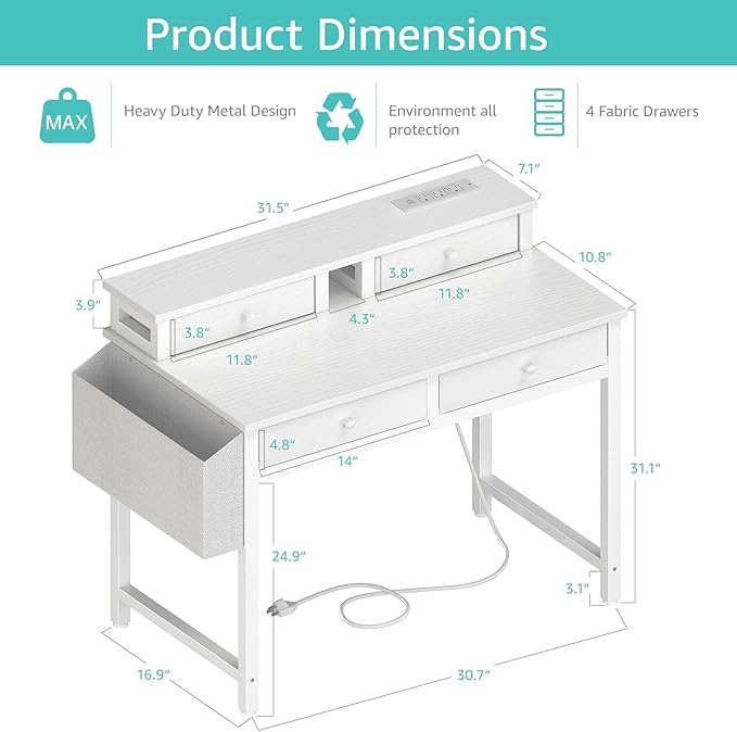 Lufeiya Small White Kids Desk with Fabric Drawers for Bedroom, 32 inch Vanity Makeup Desk with Drawers Storage for Home Office, Writing Study Table with Power Outlet & Monitor Stand, White