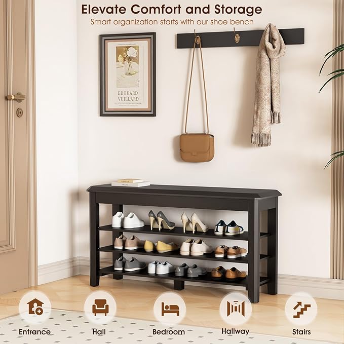 IUNVR Shoe Rack Bench Seat Rubberwood 3-Tier Wooden Storage Bench 550lbs Compact Mid-Century Modern Design for Entryway, Hallway, Closet, Front Door Entrance, Foyer