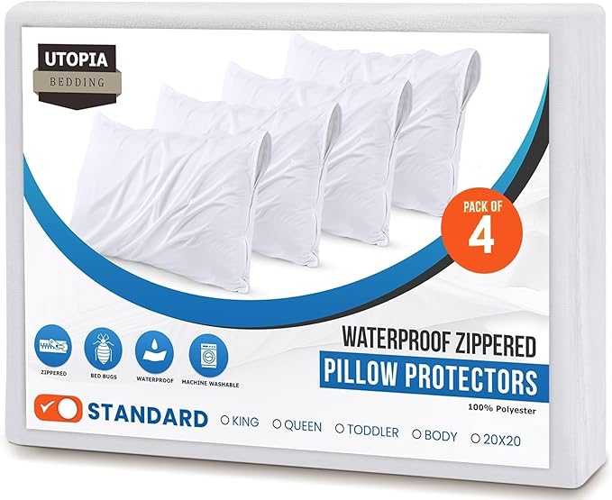 Set of 4 Pillow Protectors with Zipper Standard Size, Bed Bug and Dust Mite Proof Pillow Covers, Ultra Soft Pillow Encasements, Moisture Wicking and Waterproof Pillow Cases by Utopia Bedding (White)