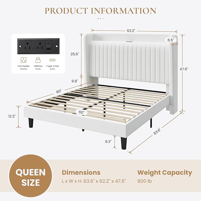 SHA CERLIN Queen Size Velvet Bed Frame with USB Charging Station, Wingback Storage Headboard, Upholstered Platform Bed with Wooden Slats Support, No Box Spring Needed, Easy Assembly, White