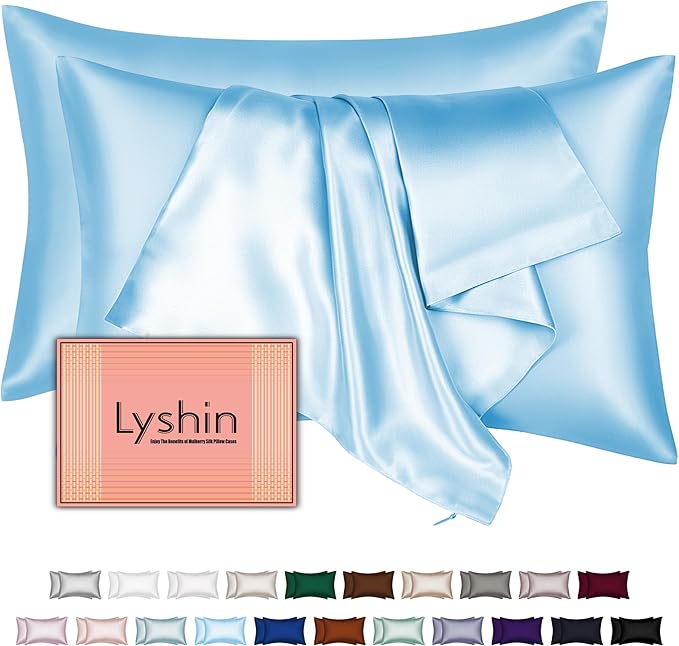 Silk Pillow Cases 2 Pack Standard Size with Hidden Zipper, Mulberry Silk Pillowcase for Hair and Skin, Smooth and Soft Breathable Cooling Silk Satin Pillowcase Set of 2, Gifts for Women，Sky Blue