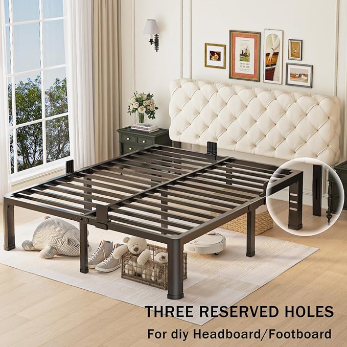 18 inch Queen Bed Frame with Round Corner Legs and Headboard Hole Mattress Slide Stopper 3500 lbs Heavy Duty Metal Platform,Steel Slats Support,No Box Spring Needed,Easy Assembly,Noise Free