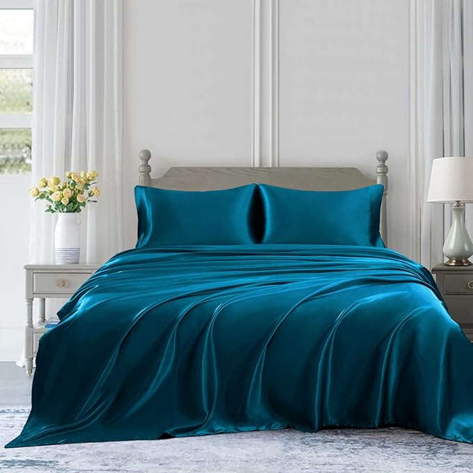 Homiest 4pcs Satin Sheets Set Luxury Silky Satin Bedding Set with Deep Pocket, 1 Fitted Sheet + 1 Flat Sheet + 2 Pillowcases (King Size, Dark Teal)