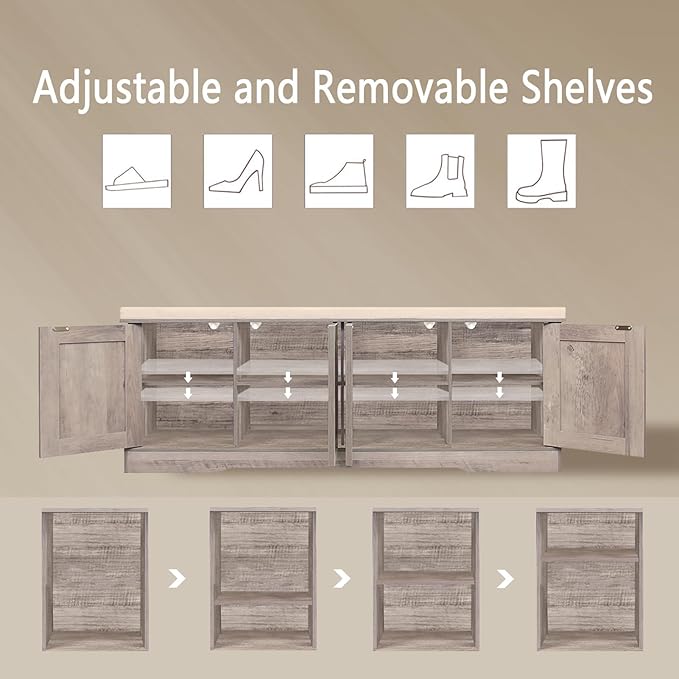 DINZI LVJ Shoe Bench, Entryway Storage Bench with Doors, Cushion, 2-Tier Shoe Rack with 8-Cubby, 47.2”L x 13.8”W Shoe Organizer Cabinet, Adjustable Shelf, Living Room, Bedroom, Greige