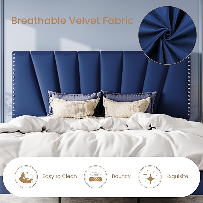 SHA CERLIN King Size Bed Frame with Adjustable Upholstered Velvet Rivets Headboard, Sturdy Wooden Slats, Strong Platform Support for Mattress, No Box Spring Needed, Easy Assembly, Blue
