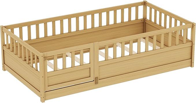 Bellemave Twin Size Floor Bed with Fence and Door, Montessori Floor Bed with Slats, Twin Size Montessori Beds for Kids, Girls, Boys, Natural