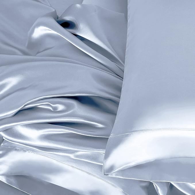Homiest 4pcs Satin Sheets Set Luxury Silky Satin Bedding Set with Deep Pocket, 1 Fitted Sheet + 1 Flat Sheet + 2 Pillowcases (King Size, Baby Blue)