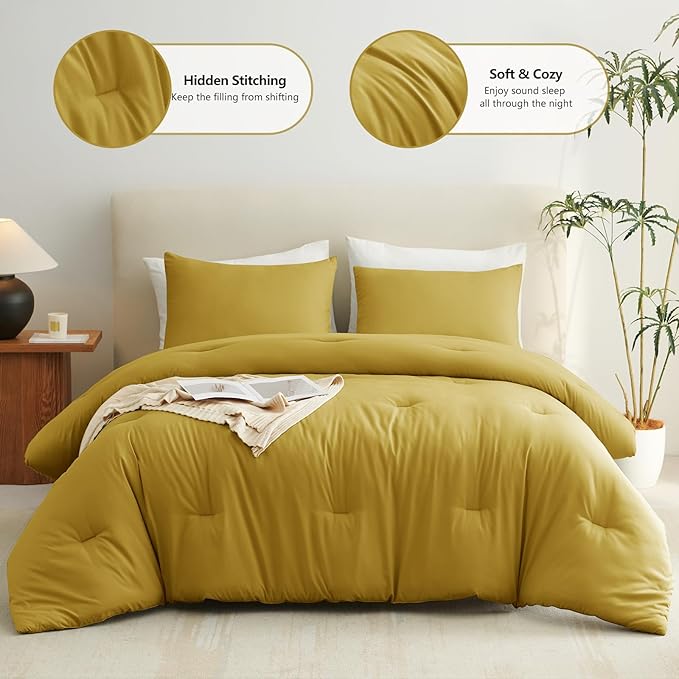 CozyLux Queen Comforter Set Mustard Yellow, 3 Pieces Solid Comforters Queen Size Breathable Bedding Sets, Luxury Soft Lightweight Bed Set with Down Alternative Comforter and 2 Pillowcases All Seasons