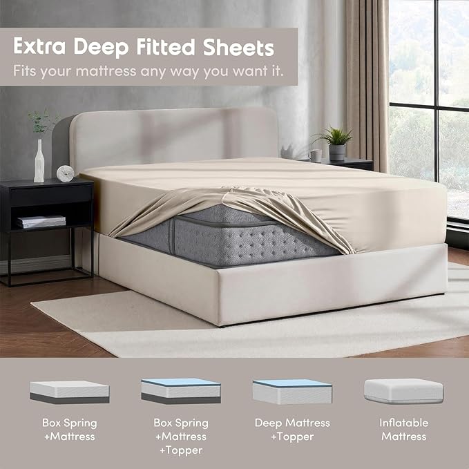 Nestl 4 Pack Linen Fitted Sheet Extra Deep Pocket, Hotel Luxury FullFitted Sheet Only Easily Fits 18 to 24 Inch Mattress, Super Soft, Wrinkle-Free and Breathable with Corner Straps