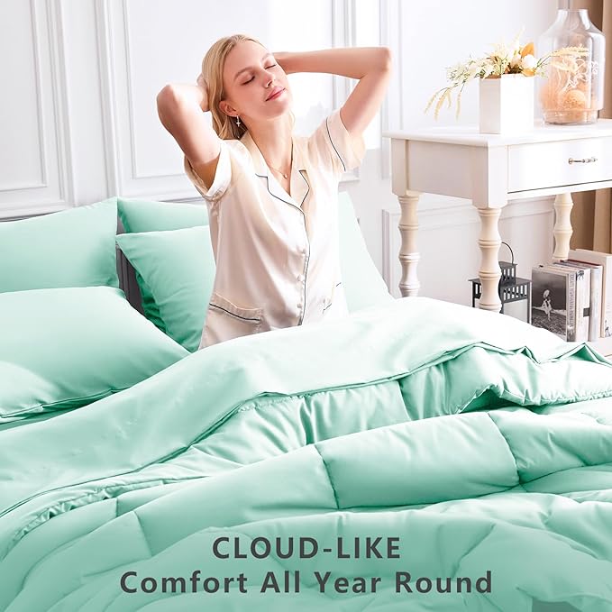 CozyLux Queen Comforter Set Mint Green, 7 Pieces Bed in a Bag, Green Comforters Queen Size, All Season Bedding Sets with Stitch Quilted Comforter, Flat Sheet, Fitted Sheet, Pillowcases
