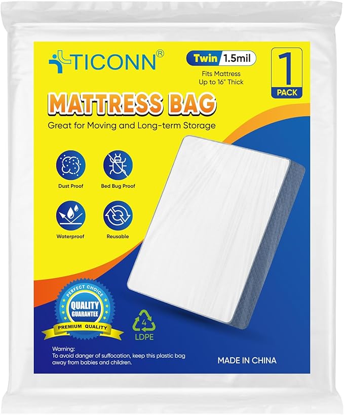 TICONN 1PK Plastic Mattress Bag for Moving Storage, Waterproof Mattress Protector Cover, Heavy-Duty Mattress Moving Supplies (1.5 mil, Twin)