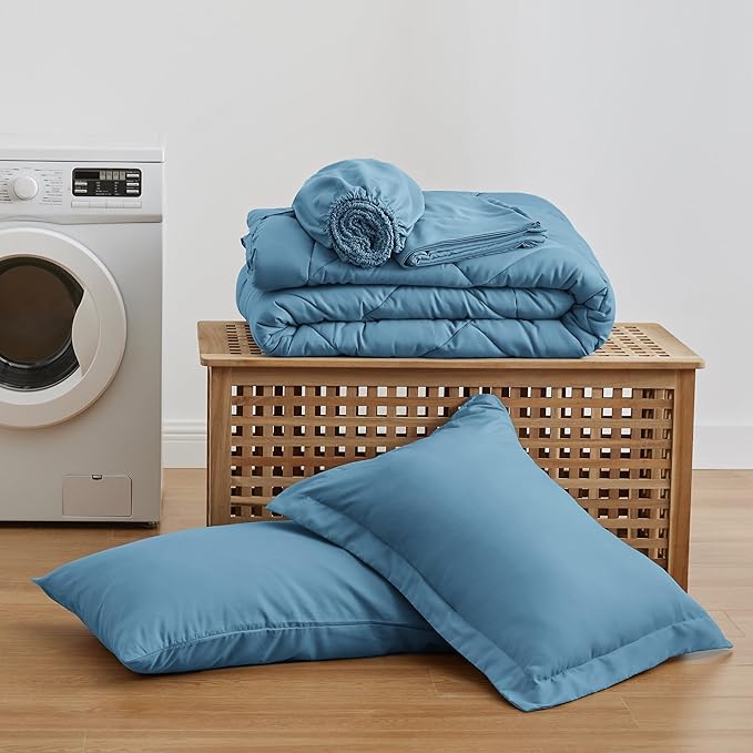 Love's cabin Twin Comforter Set Misty Blue, 5 Pieces Twin Bed in a Bag, All Season Bedding Sets with 1 Comforter, 1 Flat Sheet, 1 Fitted Sheet, 1 Pillowcase and 1 Pillow Sham | Soft, Breathable, Lightweight, Comfortable