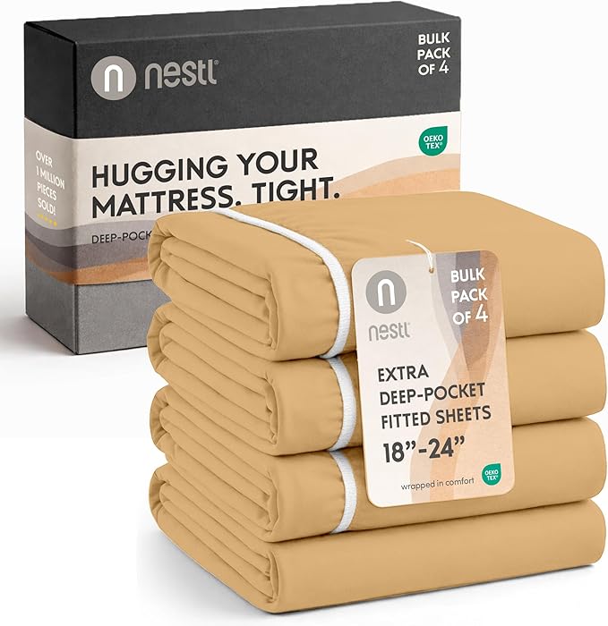 Nestl 4 Pack Camel Gold Fitted Sheet Extra Deep Pocket, Hotel Luxury FullFitted Sheet Only Easily Fits 18 to 24 Inch Mattress, Super Soft, Wrinkle-Free and Breathable with Corner Straps