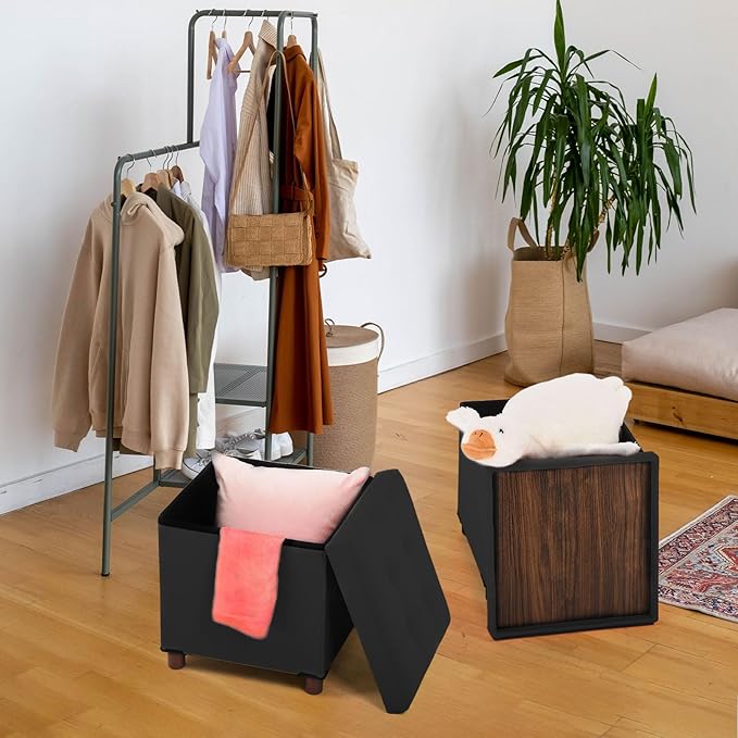 Dorriss Storage Ottoman for Living Room，Square Ottoman with Tray Bedroom Cube Foot Rest Stool with Legs Ottomans Coffee Table Lid Foldable Footstool Faxu Leather 15" Inch(Black)