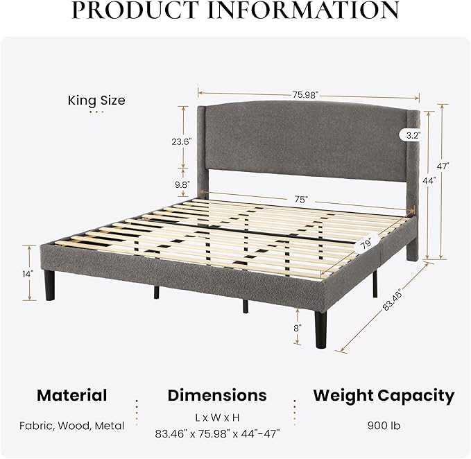 SHA CERLIN King Size Bed Frame with Soft Teddy Fabric, Boucle Upholstered Platform Bed, Curved Headboard Design, Wooden Slats Support, Noise-Free, No Box Spring Needed, Easy Assembly, Grey