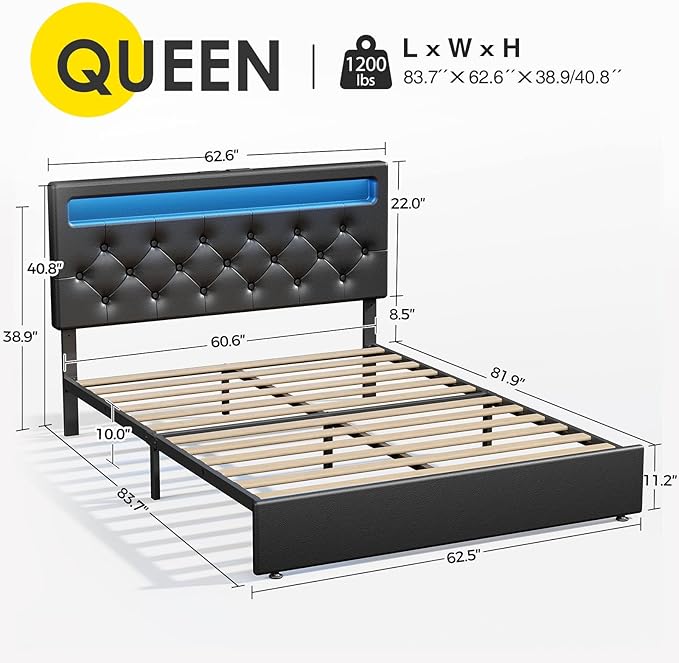 Rolanstar Queen Size Bed Frame with Charging Station, LED Bed with Under Bed Storage, Adjustable Headboard 38.9/40.8 Inches, No Box Spring Needed, Noise Free, Easy Assembly, Black