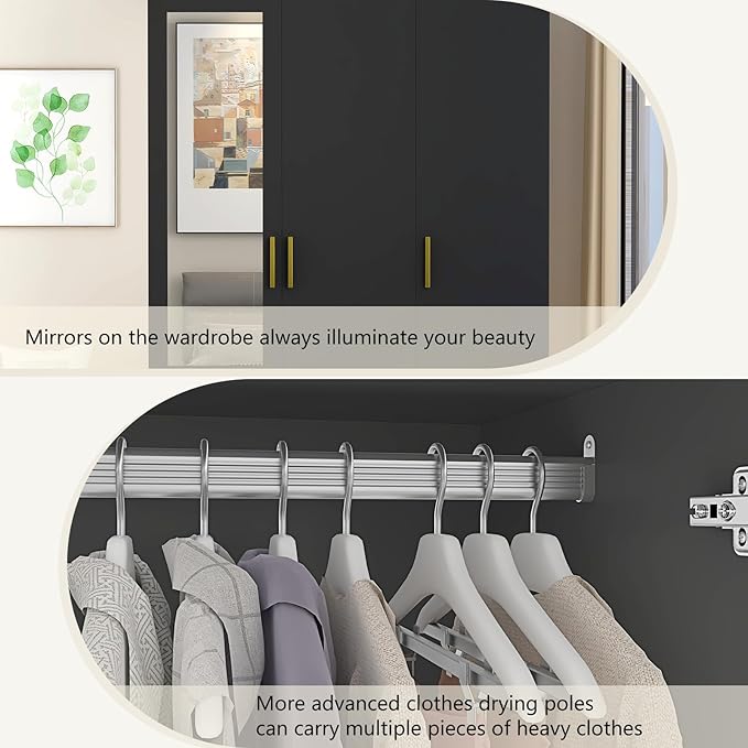 jiteentarou 3 Door Wardrobe Closet with Mirror and LED Lights, Bedroom Armoire with Drawers Shelves, Modern Wooden Armoire Wardrobe Closet with Hanging Rod for Bedroom, Black