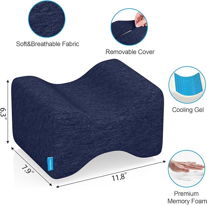 Knee Pillow for Side Sleepers with Cooling Gel, Memory Foam Elevation Pillow for Spine Aligning, Sciatica, Back, Hip, Knee, Ankle Pain, Blue/Plus