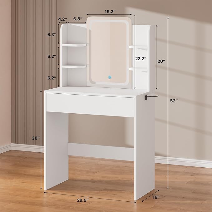 HAIOOU Small Vanity Desk with Mirror and Lights, Makeup Vanity Desk with Storage Drawer, Compact Dressing Table with 3-Tier Open Shelf for Girls Women Bedroom (White)