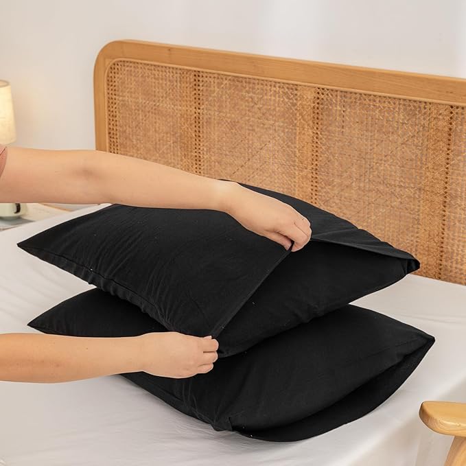 BESTOUCH 100% Washed Cotton Pillowcase for Hair and Skin Linen Feel Soft Comfortable Breathable 2 Set Pillow Case with Envelope Closure Solid Deep Dark Black Queen 20x30 Inches