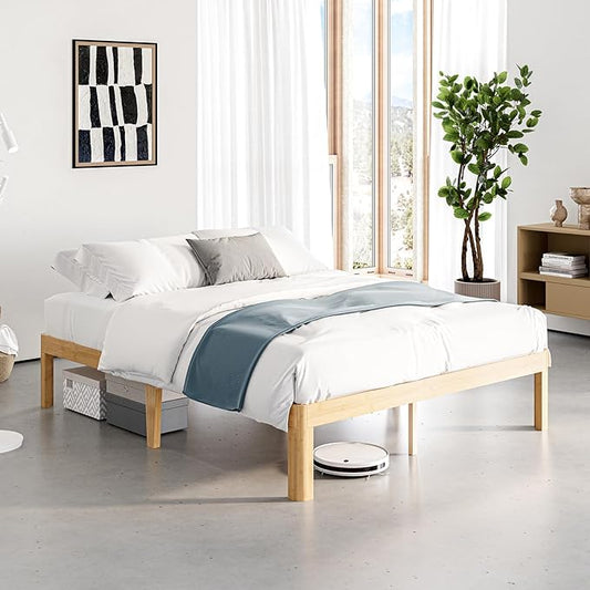 14 Inch High Bamboo Wood Queen Bed Frame Platform, Steel Slat Support Bed Frame Queen Size Foundation, No Box Spring Needed, Easy Assembly, Noise Free, Reinforced