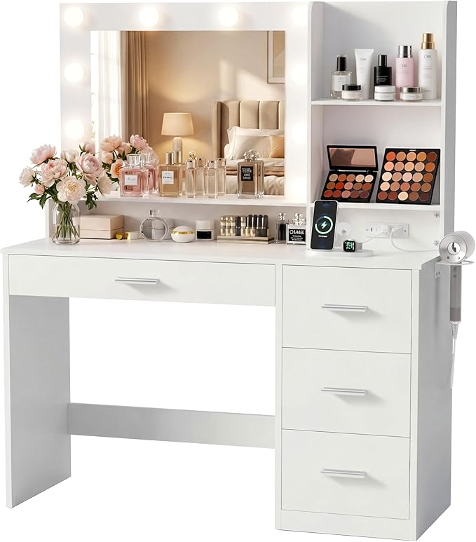 YESHOMY 39" Vanity Desk with Mirror & Lights, Makeup Vanity Table with Power Outlet & Storage Drawers, 3 Color LED Lighting, Dressing Table for Bedroom, White